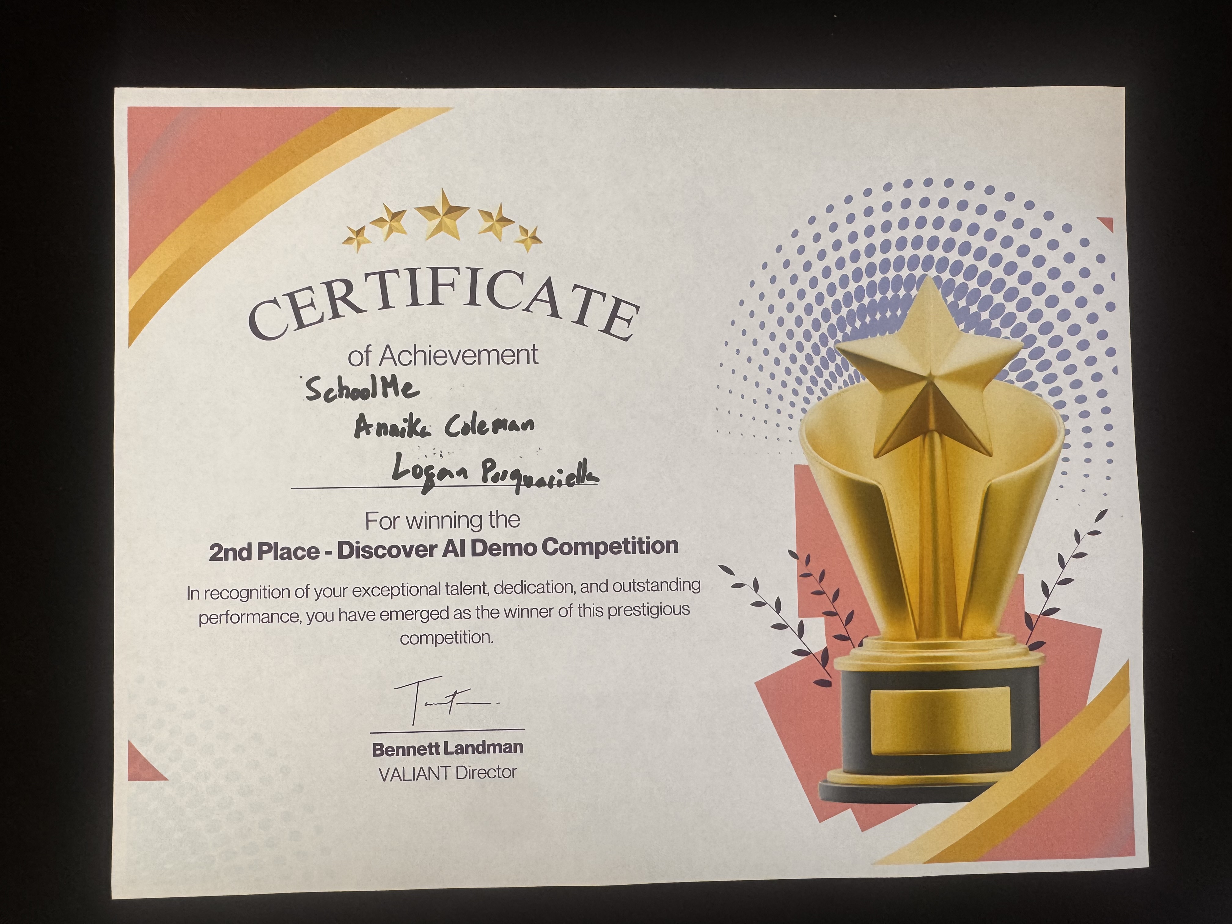 Certificate of Achievement — 2nd Place, Discover AI Demo Competition